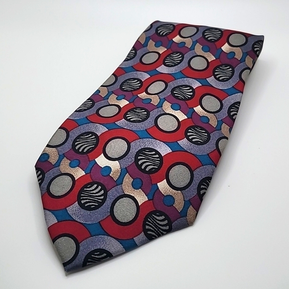 Adolfo 100% Silk Red Black Gray Circles Men's Tie - Picture 1 of 3